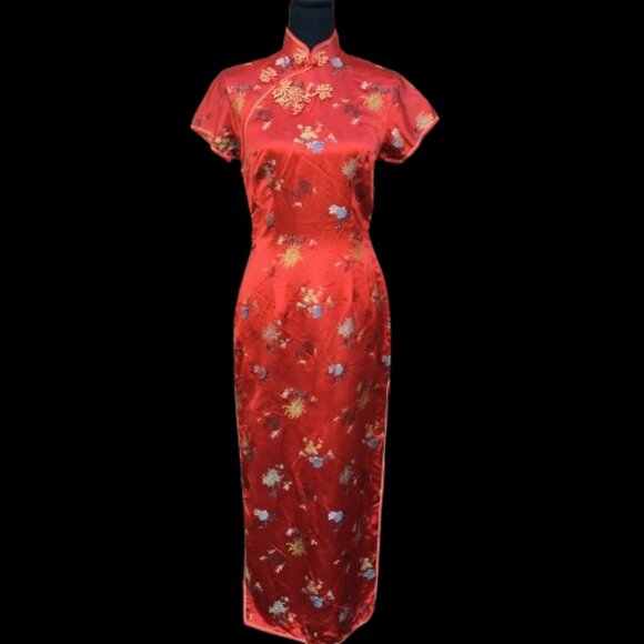 VTG Peony Chinese Qipao Cheongsam Red Dress Size 36 Side Zipper Frog Fasteners - Picture 1 of 11